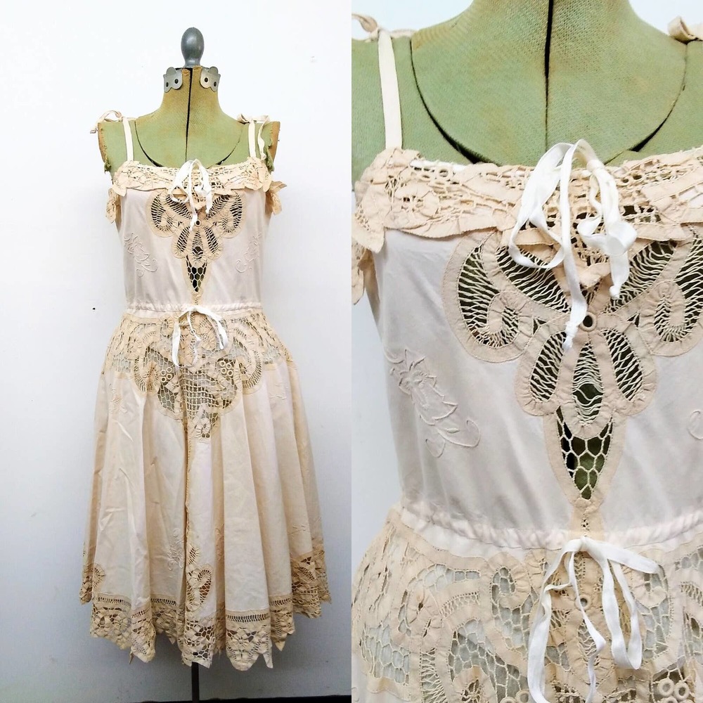 Vintage 20s/30s Battenburg Lace Dress Tea Stained Embroidered Frock